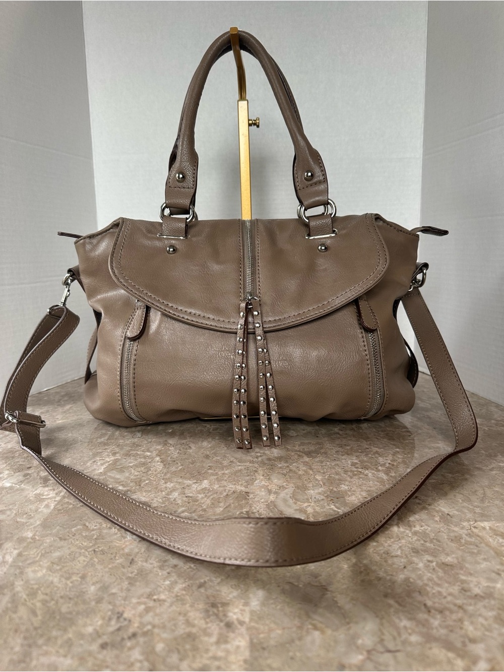 Style & Co. Taupe Crossbody Satchel Bag Studded Tassels Classic Chic Boho Indie